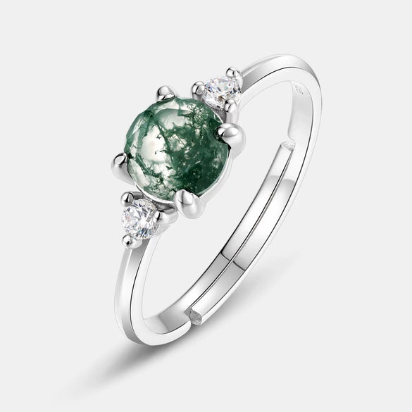Ring Geometric Natural Green Moss Stone S925 Silver Inlaid Aquatic Agate Open Retro Style
