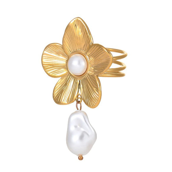 Ring Imitation Pearl Inlaid Titanium Steel Stainless Steel 18K Gold Plated Bow Design Light Luxury Style