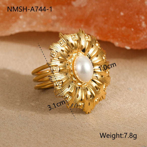 Ring Imitation Pearl Inlaid Titanium Steel Stainless Steel 18K Gold Plated Bow Design Light Luxury Style