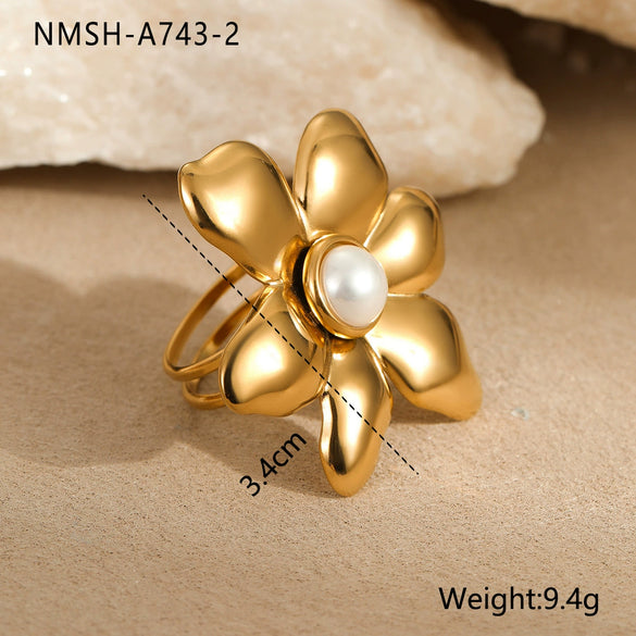 Ring Imitation Pearl Inlaid Titanium Steel Stainless Steel 18K Gold Plated Bow Design Light Luxury Style