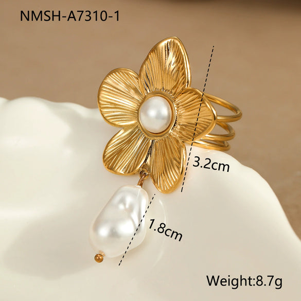 Ring Imitation Pearl Inlaid Titanium Steel Stainless Steel 18K Gold Plated Bow Design Light Luxury Style