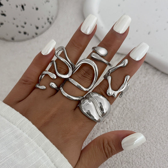 Ring Metal Geometric Electroplated Liquid Metal Pleated Irregular Cross Water Drop Hug Open Style For Women