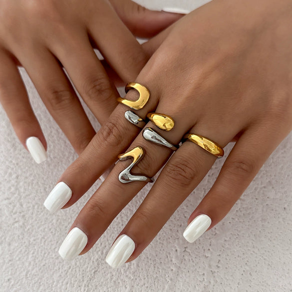 Ring Metal Geometric Electroplated Liquid Metal Pleated Irregular Cross Water Drop Hug Open Style For Women