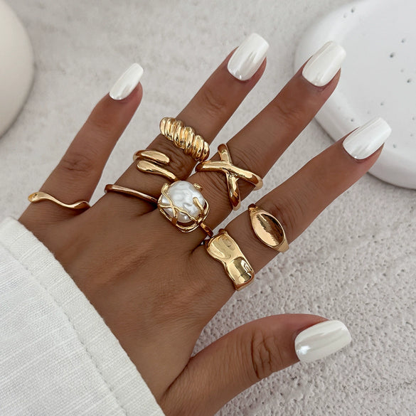 Ring Metal Geometric Electroplated Liquid Metal Pleated Irregular Cross Water Drop Hug Open Style For Women