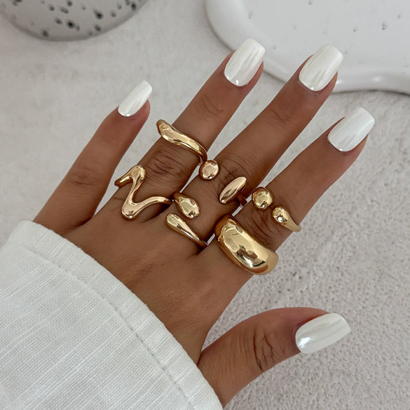 Ring Metal Geometric Electroplated Liquid Metal Pleated Irregular Cross Water Drop Hug Open Style For Women