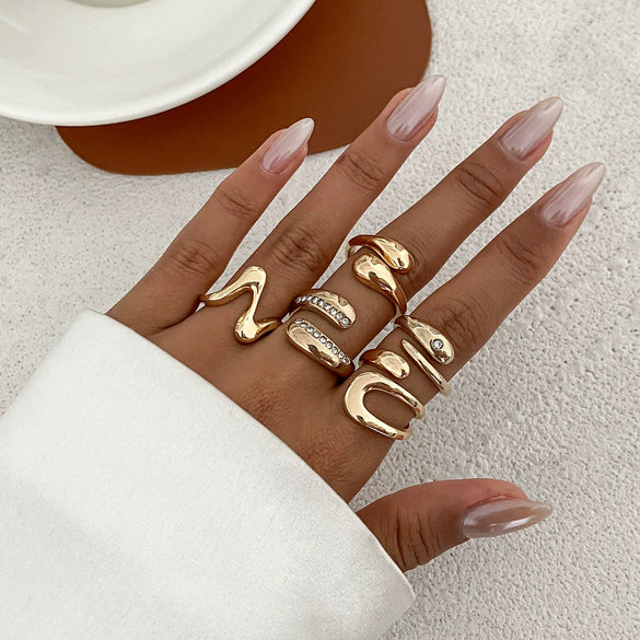 Ring Metal Geometric Electroplated Liquid Metal Pleated Irregular Cross Water Drop Hug Open Style For Women