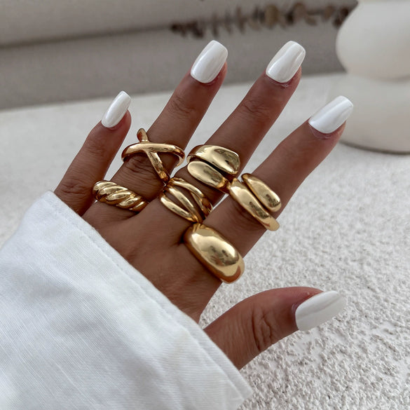 Ring Metal Geometric Electroplated Liquid Metal Pleated Irregular Cross Water Drop Hug Open Style For Women