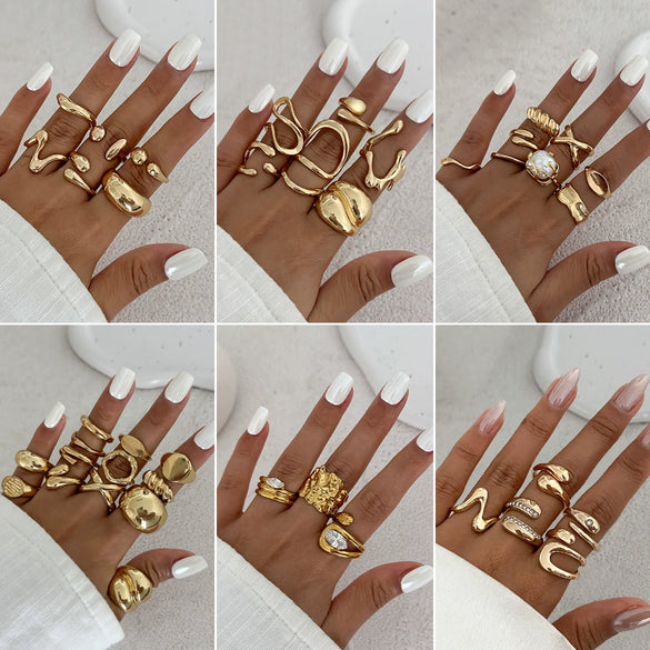 Ring Metal Geometric Electroplated Liquid Metal Pleated Irregular Cross Water Drop Hug Open Style For Women