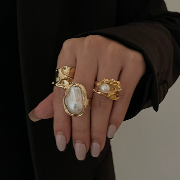 Ring Metal Geometric Electroplating Liquid Metal Pleated Baroque Pearl