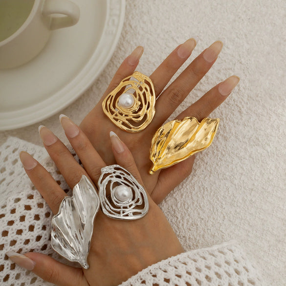 Ring Metal Imitation Pearl Pleated Leaves Geometric Animal Zodiac Electroplated Women's