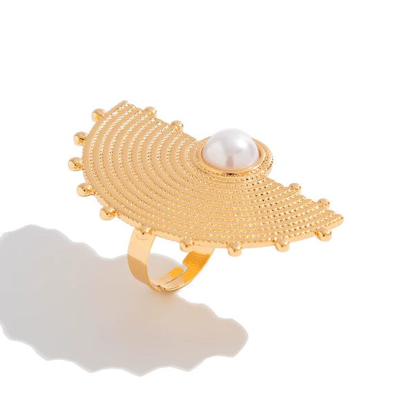 Ring Metal Imitation Pearl Ruffled Feather Flower Leaf Electroplated Style