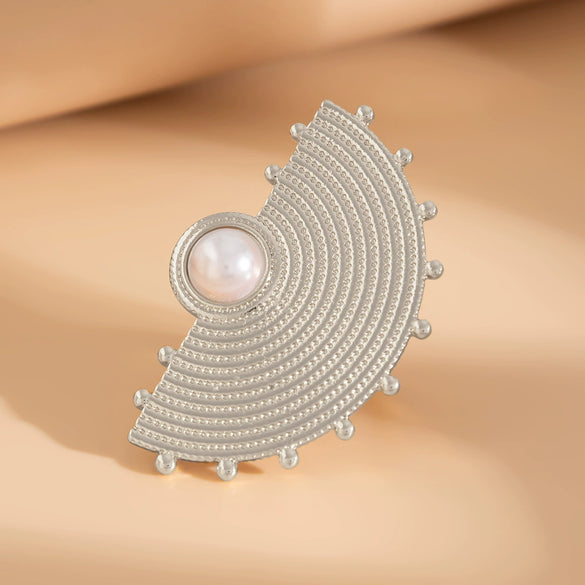 Ring Metal Imitation Pearl Ruffled Feather Flower Leaf Electroplated Style