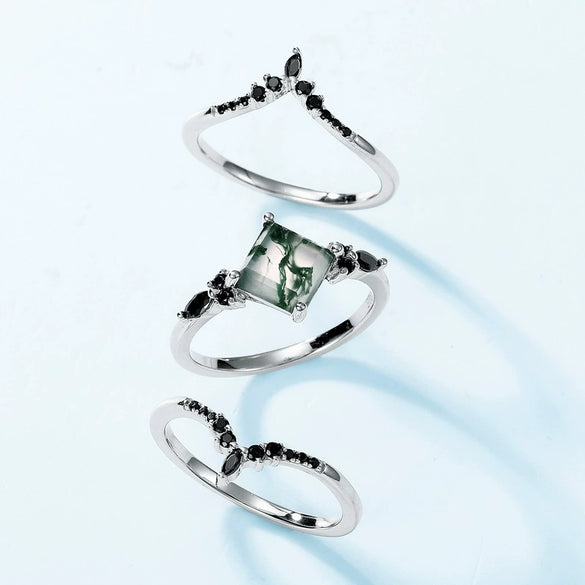 Ring Natural Aquatic Agate S925 Silver Inlaid Green Moss Stone Geometric Retro Women's