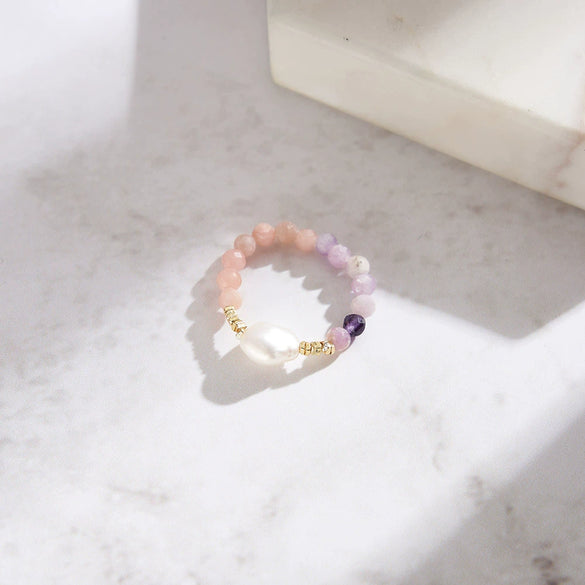 Ring Natural Stone Powder Opal Lilac Beaded Baroque Freshwater Pearl 925 Silver Electroplating Geometric Style