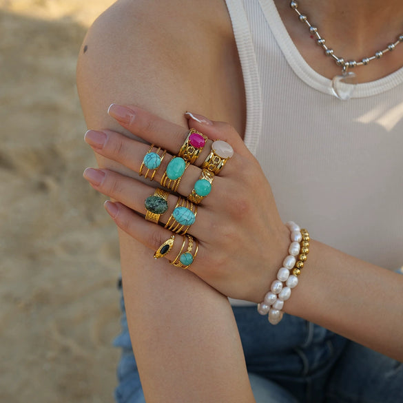Ring Natural Stone Stainless Steel Geometric Electroplating Women's Highend Jewelry Retro Simple