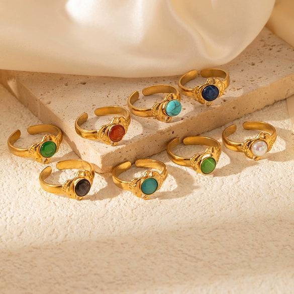 Ring Natural Stone Titanium Steel Animal Zodiac Geometric Electroplated Retro Fashion Niche Simple Allmatch