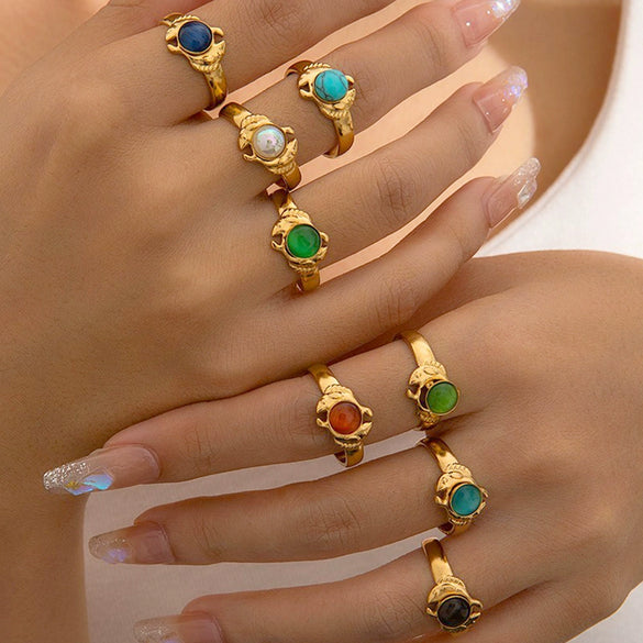 Ring Natural Stone Titanium Steel Animal Zodiac Geometric Electroplated Retro Fashion Niche Simple Allmatch