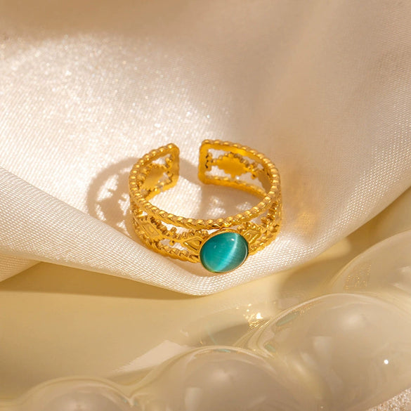 Ring Natural Stone Titanium Steel Geometric U Shape Retro Electroplated 18K Gold Unisex