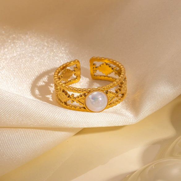 Ring Natural Stone Titanium Steel Geometric U Shape Retro Electroplated 18K Gold Unisex