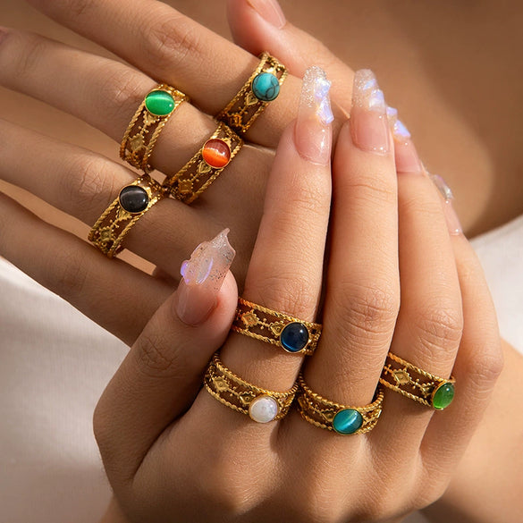 Ring Natural Stone Titanium Steel Geometric U Shape Retro Electroplated 18K Gold Unisex
