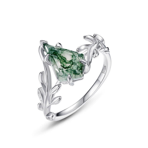 Ring Olive Branch Natural Green Moss Stone S925 Silver Inlaid Aquatic Agate Geometric Retro Women's