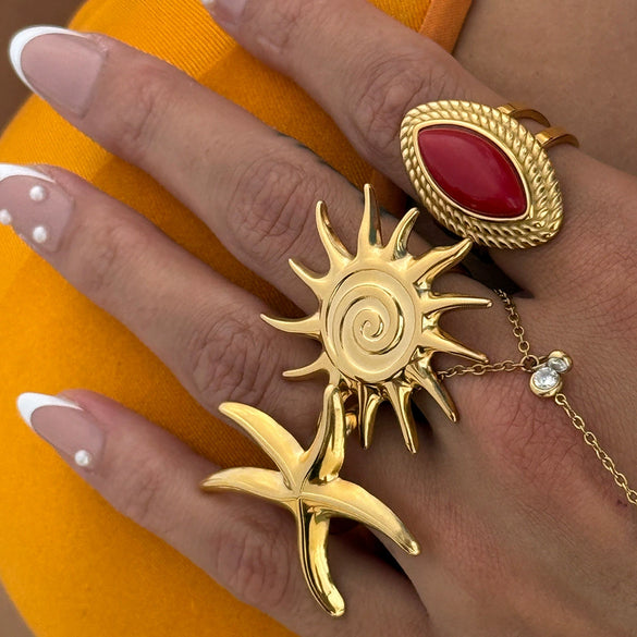 Ring Red Agate Titanium Steel Non Fading Geometric Style Electroplated Jewelry