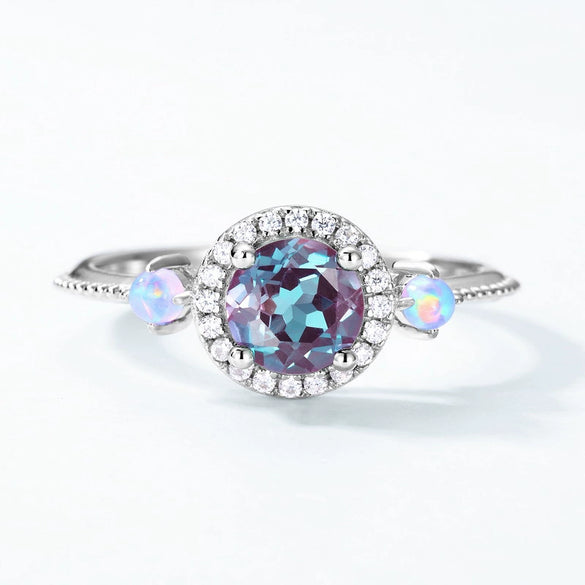 Ring S925 Silver Cultivation Color Treasure Stone Geometric Pattern Diamond Inlay