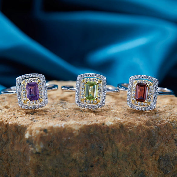 Ring S925 Sterling Silver Crystal Natural Citrine Amethyst Colored Gemstone Geometric Ushaped Set With Gems Light Luxury Style