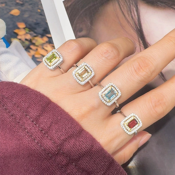 Ring S925 Sterling Silver Crystal Natural Citrine Amethyst Colored Gemstone Geometric Ushaped Set With Gems Light Luxury Style