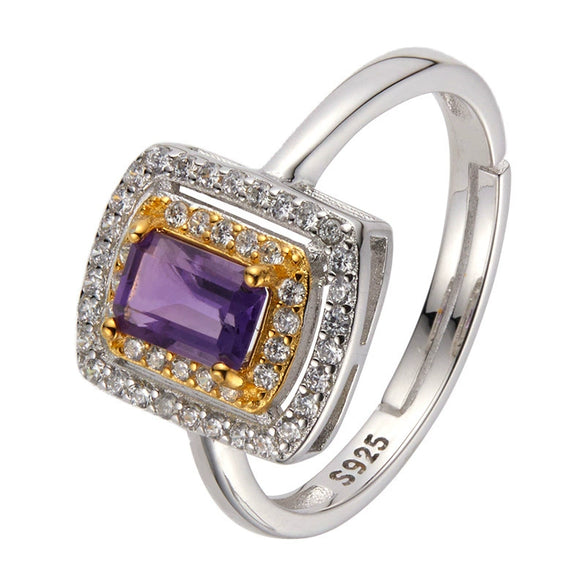 Ring S925 Sterling Silver Crystal Natural Citrine Amethyst Colored Gemstone Geometric Ushaped Set With Gems Light Luxury Style