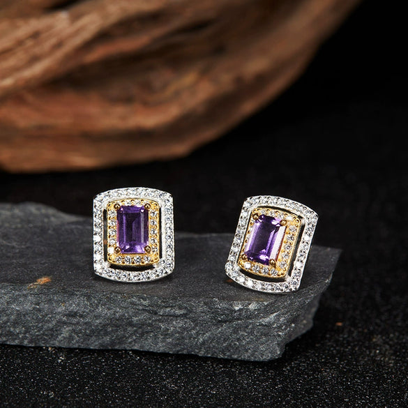 Ring S925 Sterling Silver Crystal Natural Citrine Amethyst Colored Gemstone Geometric Ushaped Set With Gems Light Luxury Style