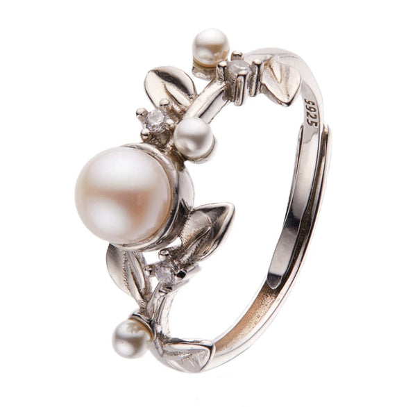 Ring 925 Silver Natural Freshwater Pearl Geometric Women's Fashion Sweet Open