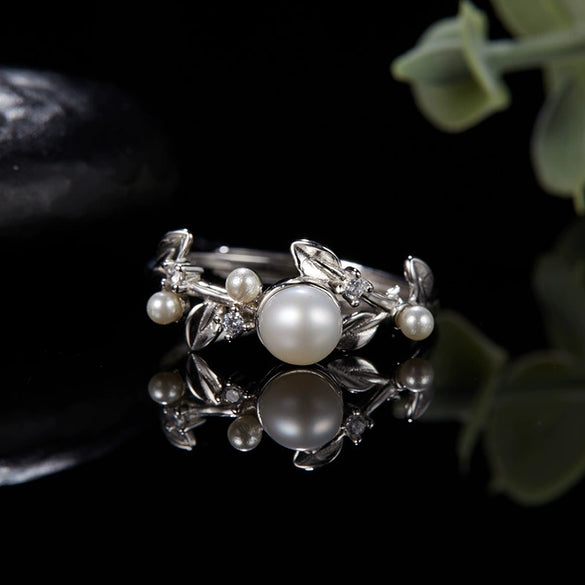 Ring 925 Silver Natural Freshwater Pearl Geometric Women's Fashion Sweet Open