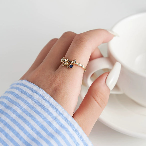 Ring Silver 925 Sterling Bow Cubic Zirconia Sapphire Fragrant Heart Electroplating