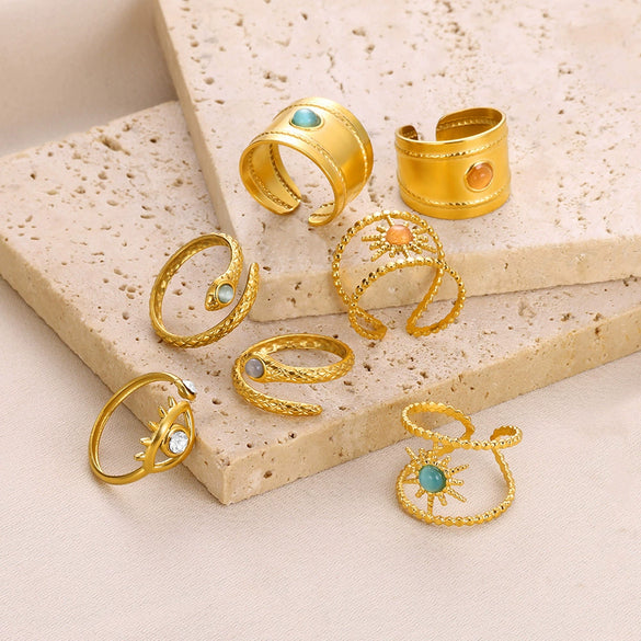 Ring Stainless Steel Double Row Star Snake Inlaid Semiprecious Stone Electroplated