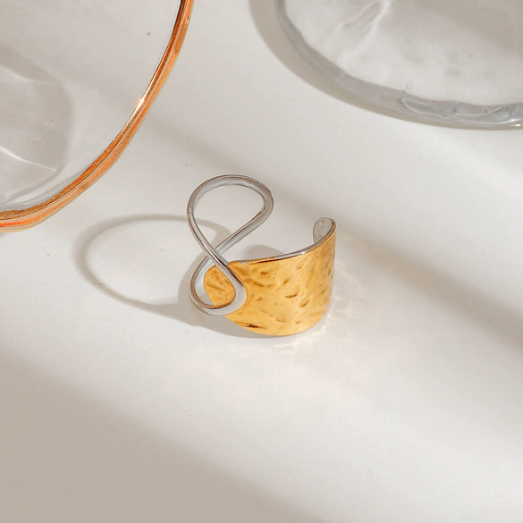 Ring Stainless Steel Geometric Hammered Hollow Gold And Silver Color Matching Electroplating Adjustable Opening Allmatch Colorfree Women's