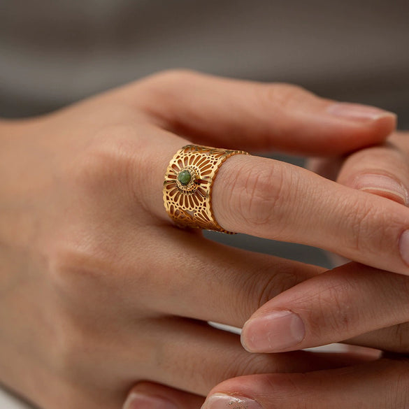 Ring Stainless Steel Geometric Hollow Inlaid Natural Stone Opening Electroplating Women's