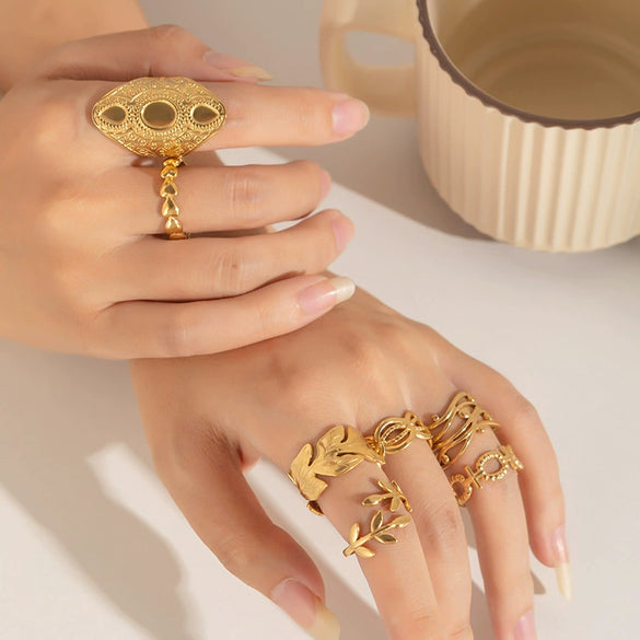 Ring Stainless Steel Geometric Open Heart Leaves Electroplating