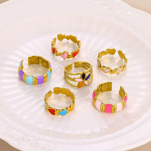 Ring Stainless Steel Geometric U Shape Oil Dripping Enamel Colorful Real Gold Electroplated