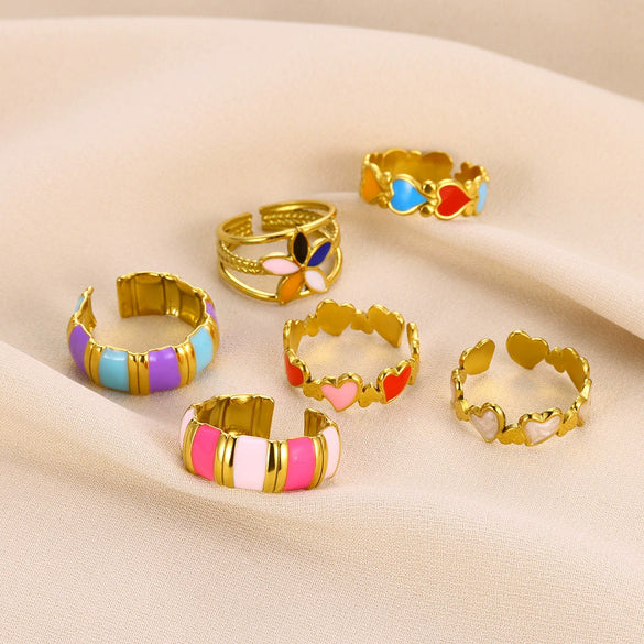 Ring Stainless Steel Geometric U Shape Oil Dripping Enamel Colorful Real Gold Electroplated