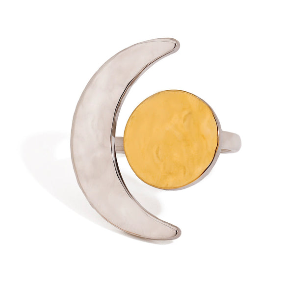Ring Stainless Steel Gold And Silver Color Matching Hammer Pattern Geometric Moon And Sun Electroplating