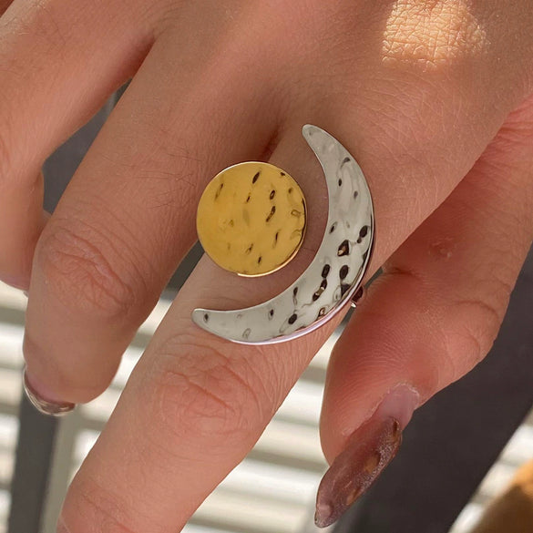 Ring Stainless Steel Gold And Silver Color Matching Hammer Pattern Geometric Moon And Sun Electroplating