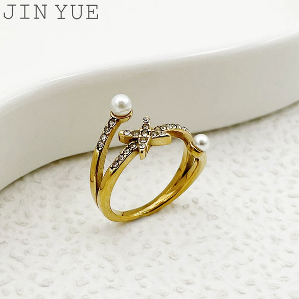Ring Stainless Steel Gold Plated Diamond Star Freshwater Pearl French Retro Electroplating
