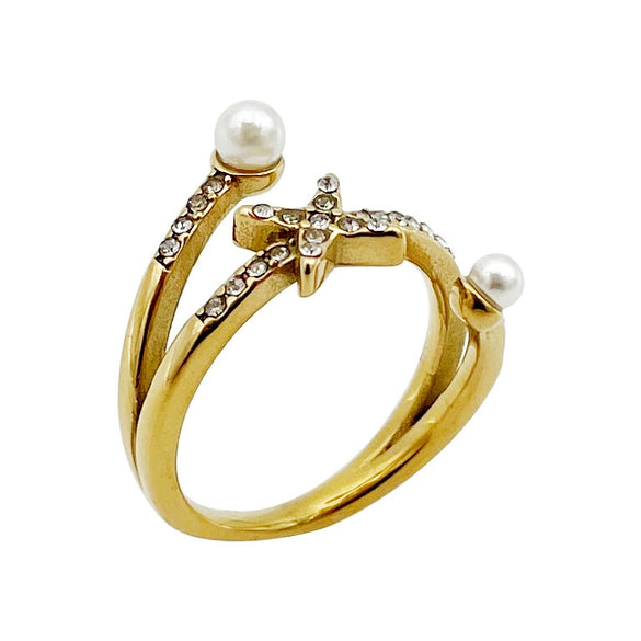 Ring Stainless Steel Gold Plated Diamond Star Freshwater Pearl French Retro Electroplating
