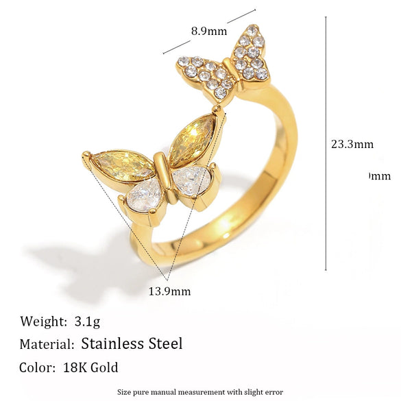 Ring Stainless Steel 18K Gold Plated Imitation Pearl Double Butterfly Animal Zodiac Electroplated