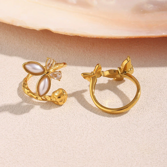 Ring Stainless Steel 18K Gold Plated Imitation Pearl Double Butterfly Animal Zodiac Electroplated