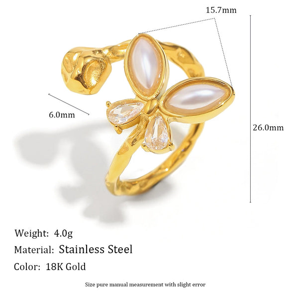 Ring Stainless Steel 18K Gold Plated Imitation Pearl Double Butterfly Animal Zodiac Electroplated