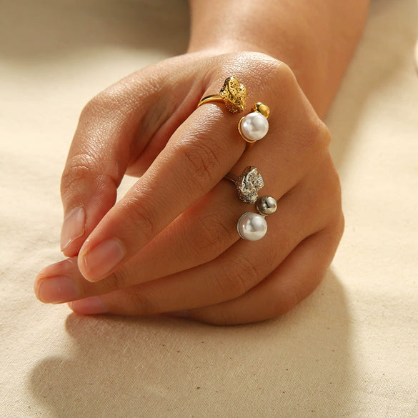 Ring Stainless Steel Pearl Lava French Retro Geometric Electroplating Open Women's