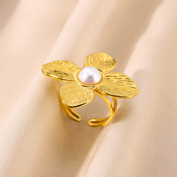 Ring Stainless Steel Pearls Geometric Exaggerated Four Petal Flower Electroplating