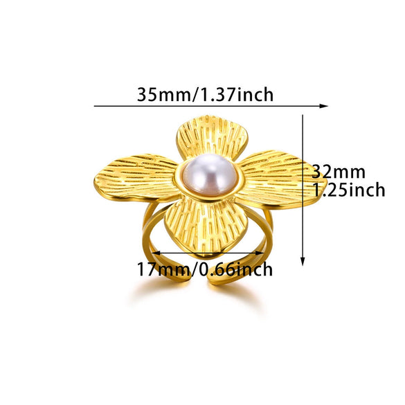 Ring Stainless Steel Pearls Geometric Exaggerated Four Petal Flower Electroplating